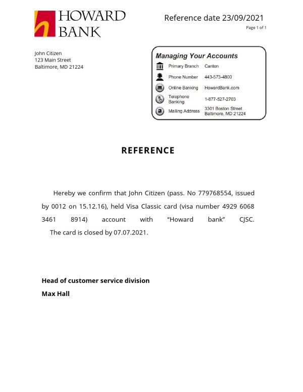 USA Howard Bank bank account closure reference letter template in Word and PDF format