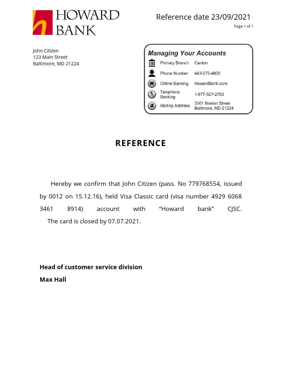 Download USA Howard Bank Reference Letter Templates | Editable Word
