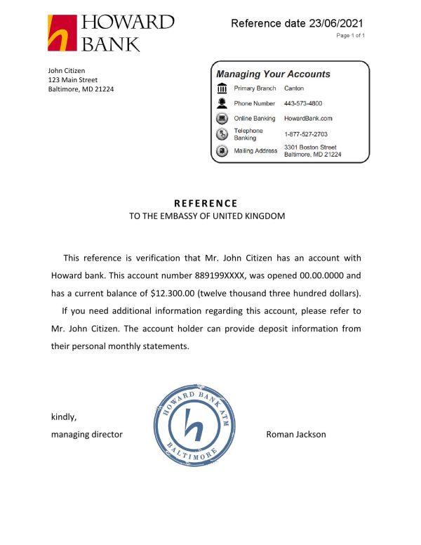 USA Howard Bank bank account reference letter template in Word and PDF format