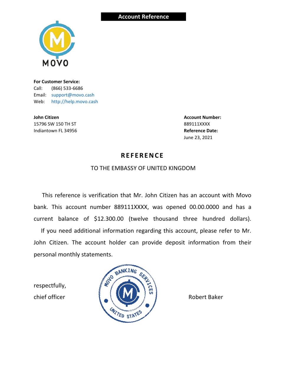 Download USA Movo Bank Reference Letter Templates | Editable Word