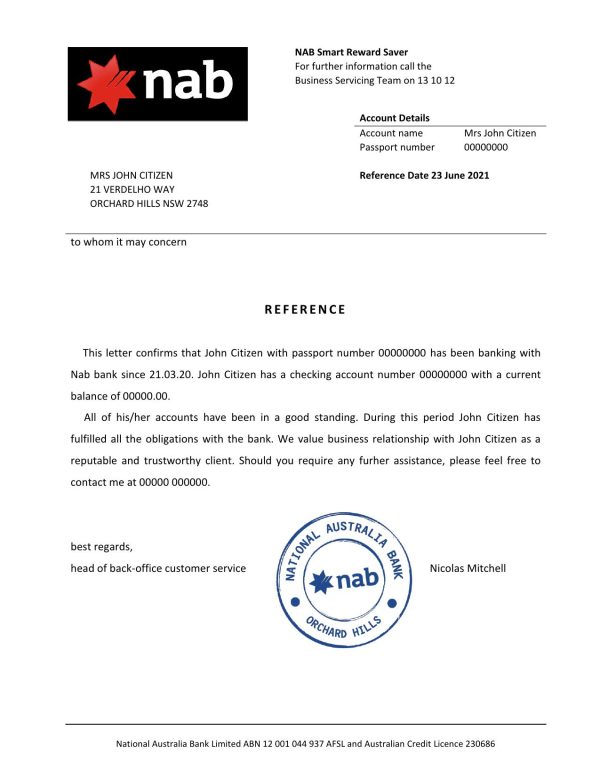 USA Nab bank account reference letter template in Word and PDF format