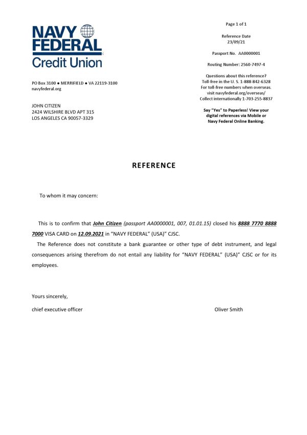 USA Navy Federal bank account closure reference letter template in Word and PDF format