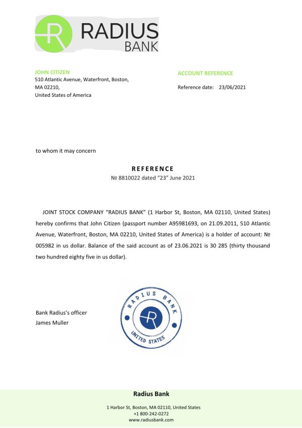USA Radius bank account reference letter template in Word and PDF format