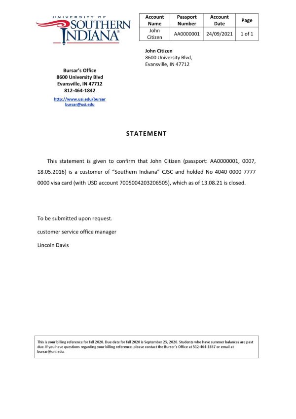USA Southern Indiana bank account closure reference letter template in Word and PDF format