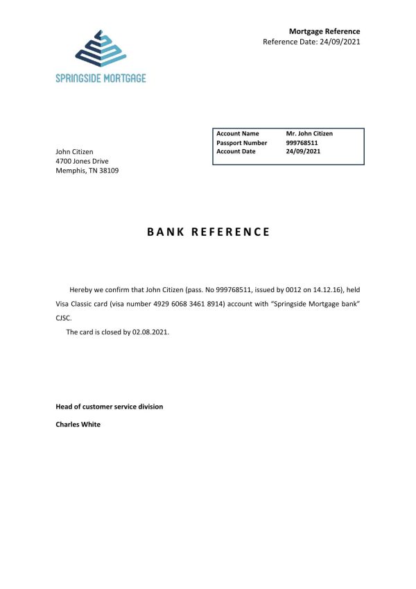 USA Springside Mortgage bank account closure reference letter template in Word and PDF format