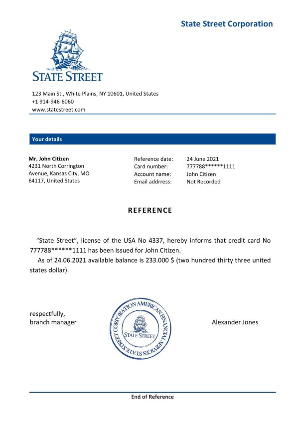 USA State Street bank account reference letter template in Word and PDF format