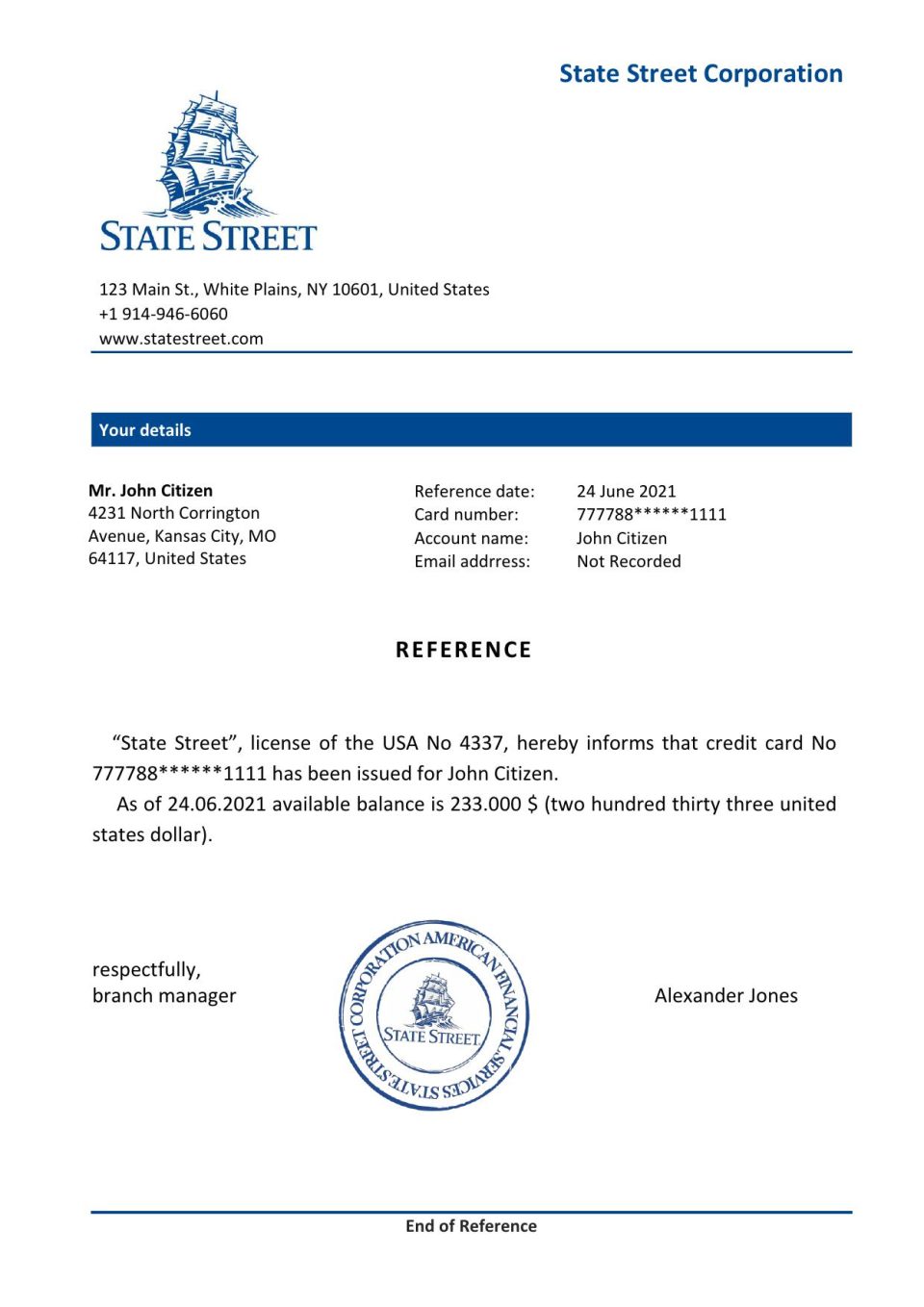 Download USA State Street Bank Reference Letter Templates | Editable Word