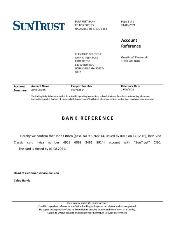USA SunTrust bank account closure reference letter template in Word and PDF format