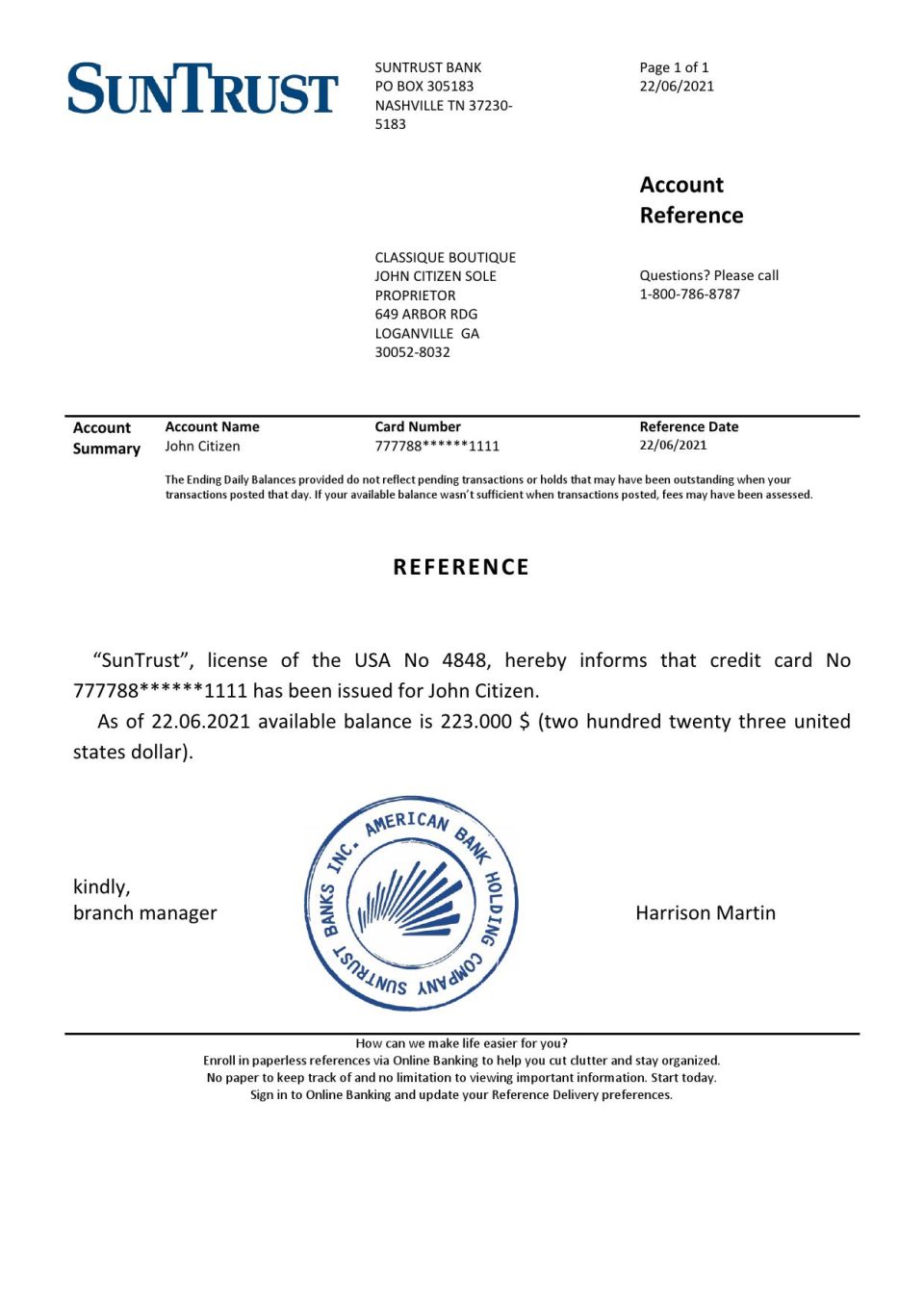 Download USA SunTrust Bank Reference Letter Templates | Editable Word