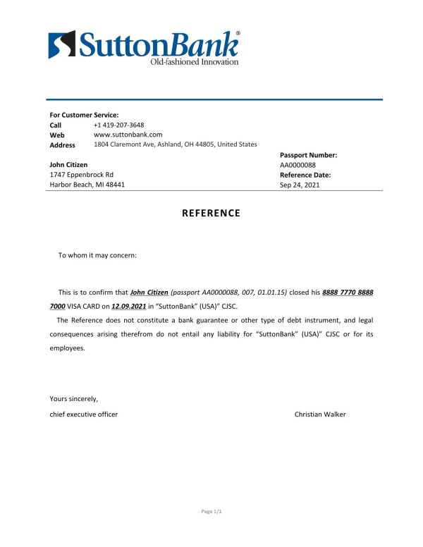 USA Sutton Bank bank account closure reference letter template in Word and PDF format