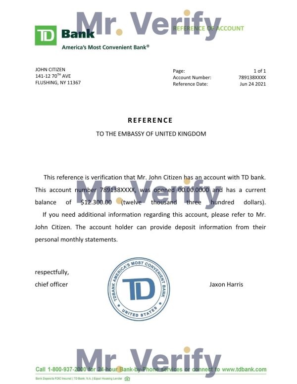 USA TD Bank bank account closure reference letter template in Word and PDF format