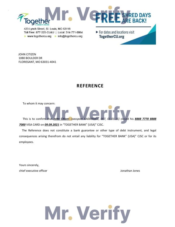 USA Together bank account closure reference letter template in Word and PDF format