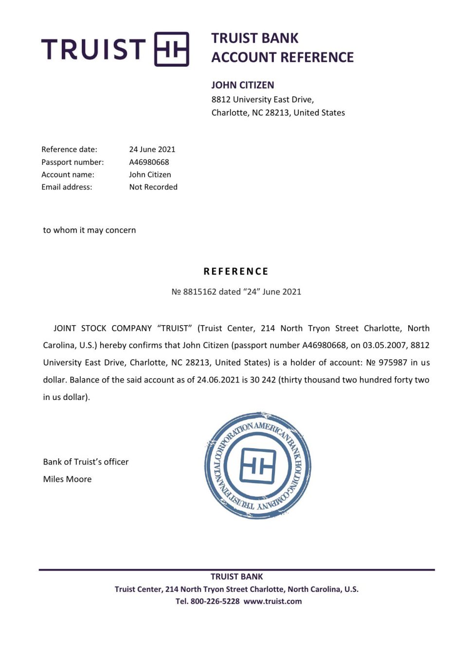 Download USA Truist Bank Reference Letter Templates | Editable Word