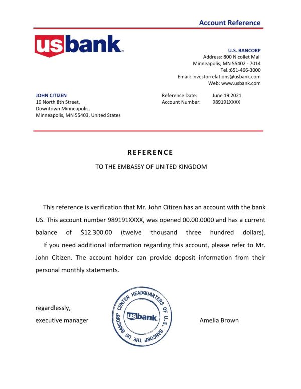 USA US Bank bank account reference letter template in Word and PDF format