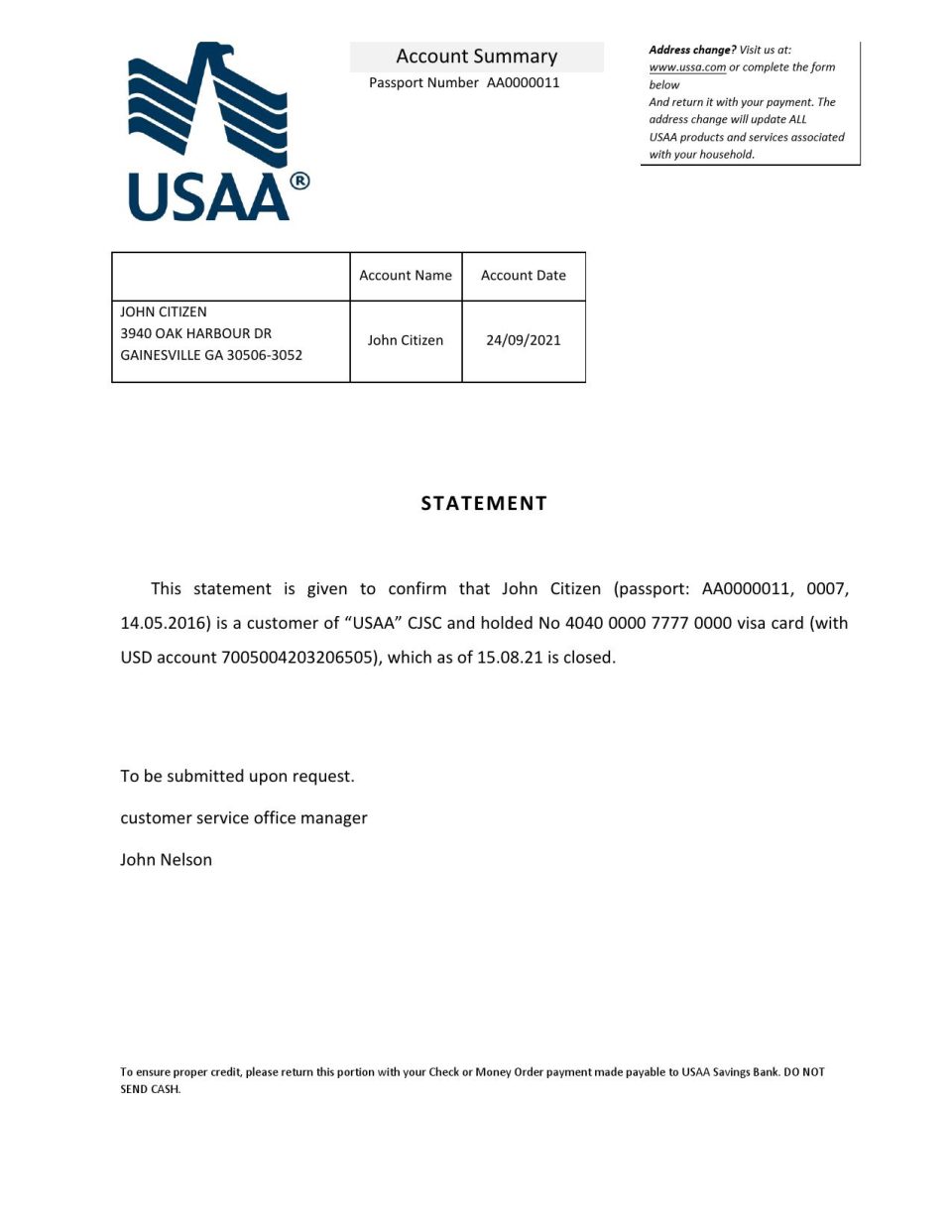 USA USAA bank account closure reference letter template in Word and PDF format