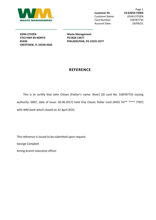 USA WM bank account closure reference letter template in Word and PDF format