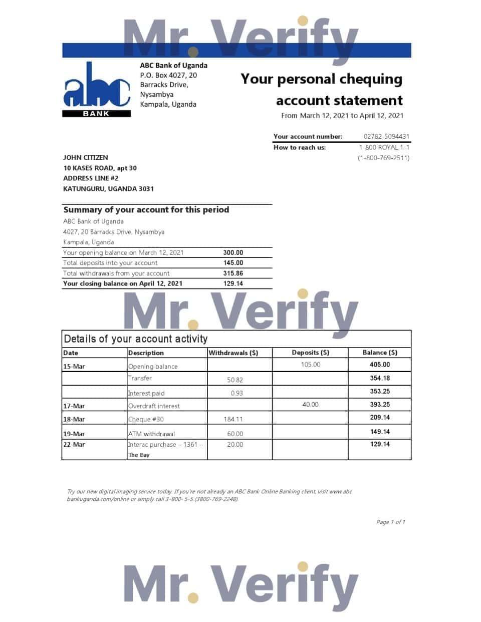 Uganda ABC Bank of Uganda bank statement template in Excel and PDF format