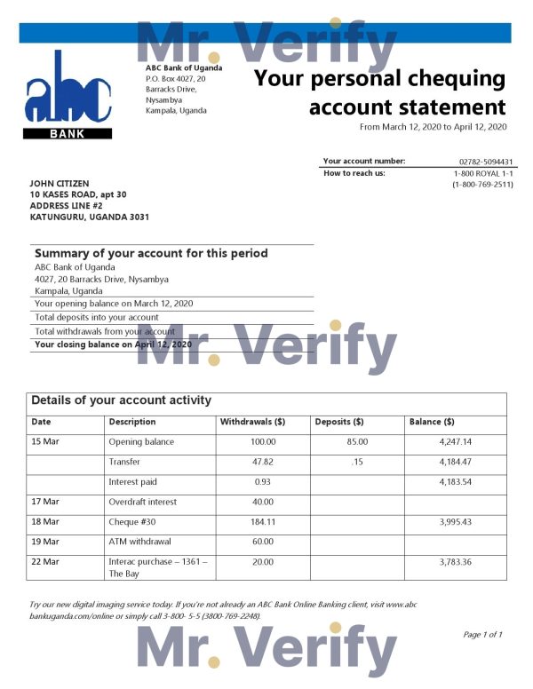 Uganda ABC Bank of Uganda proof of address bank statement template in Word and PDF format (.doc and .pdf)