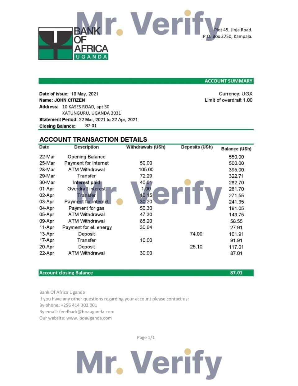 Uganda Bank of Africa bank statement template in .xls and .pdf file format