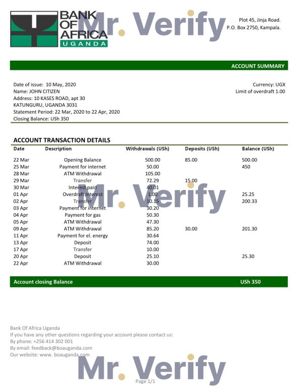 Uganda Bank of Africa proof of address bank statement template in Word and PDF format