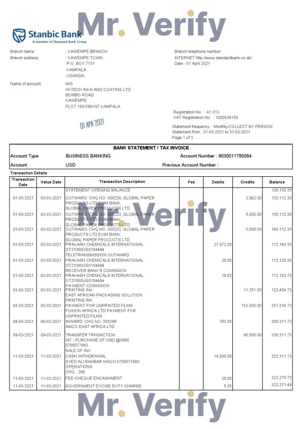 Uganda Stanbic bank statement template in Excel and PDF format (3 pages)