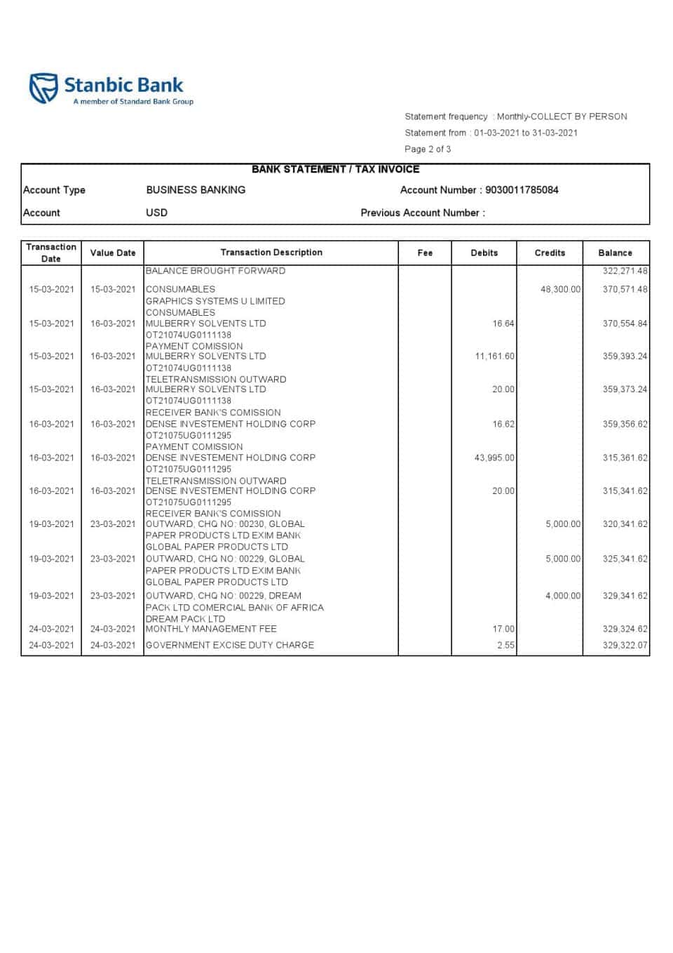 Uganda Stanbic bank statement template in Excel and PDF format (3 pages)