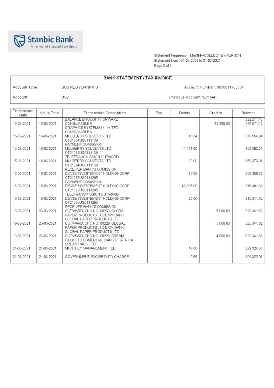 Uganda Stanbic bank statement template in Word and PDF format (3 pages)