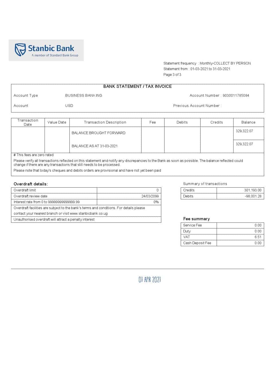 Uganda Stanbic bank statement template in Word and PDF format (3 pages)