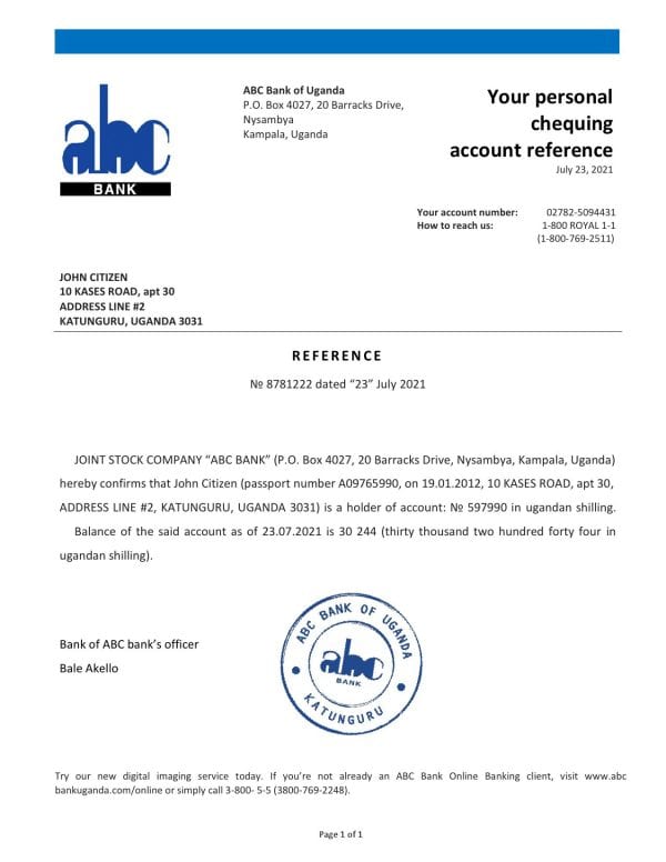 Download Uganda ABC Bank Reference Letter Templates | Editable Word