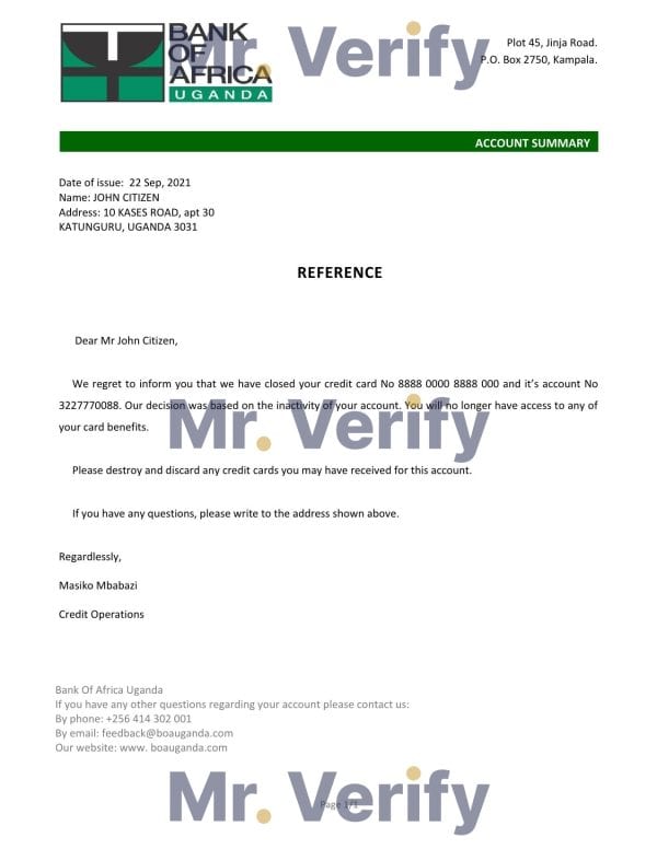 Download Uganda Bank of Africa Bank Reference Letter Templates | Editable Word