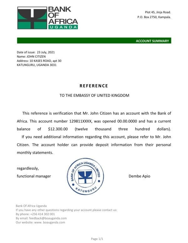 Download Uganda Bank of Africa Bank Reference Letter Templates | Editable Word