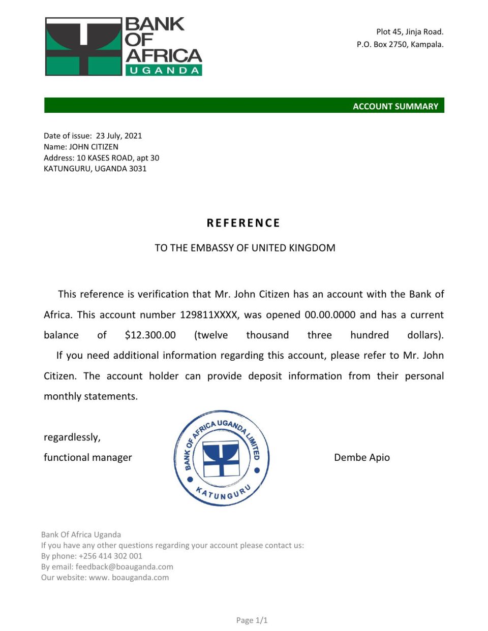 Download Uganda Bank of Africa Bank Reference Letter Templates | Editable Word