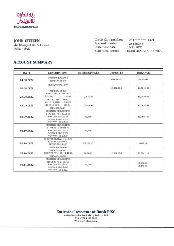 United Arab Emirates Investment Bank statement template in Word and PDF format