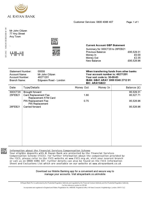 United Kingdom Al Rayan bank statement template in Word and PDF format