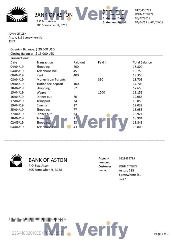 United Kingdom Bank of Aston bank statement template in Word and PDF format, good for address prove