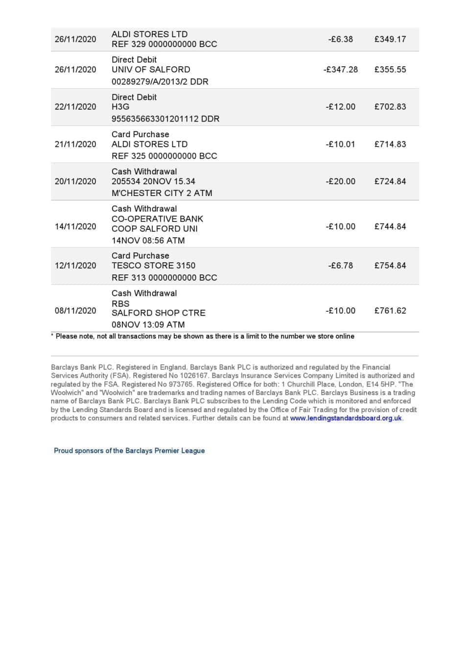 United Kingdom Barclays bank statement template in Word and PDF format, version 3 (2 pages)