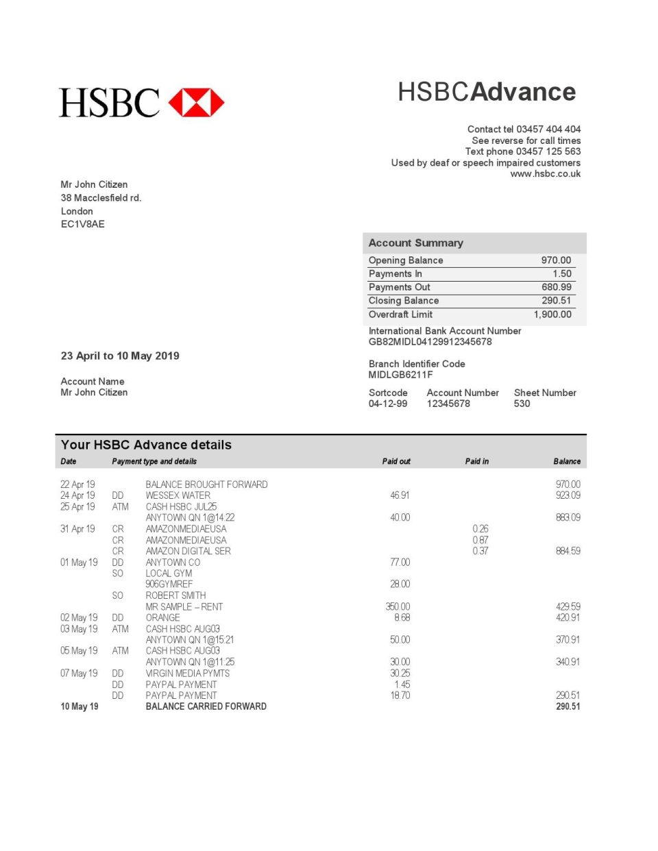 United Kingdom HSBC bank statement template in Word and PDF format