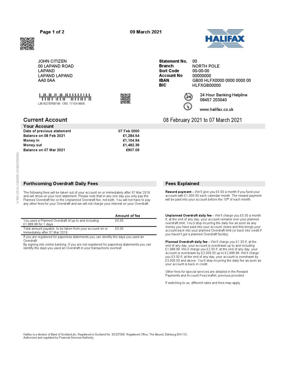 United Kingdom Halifax bank proof of address statement template in Word and PDF format (2 pages)