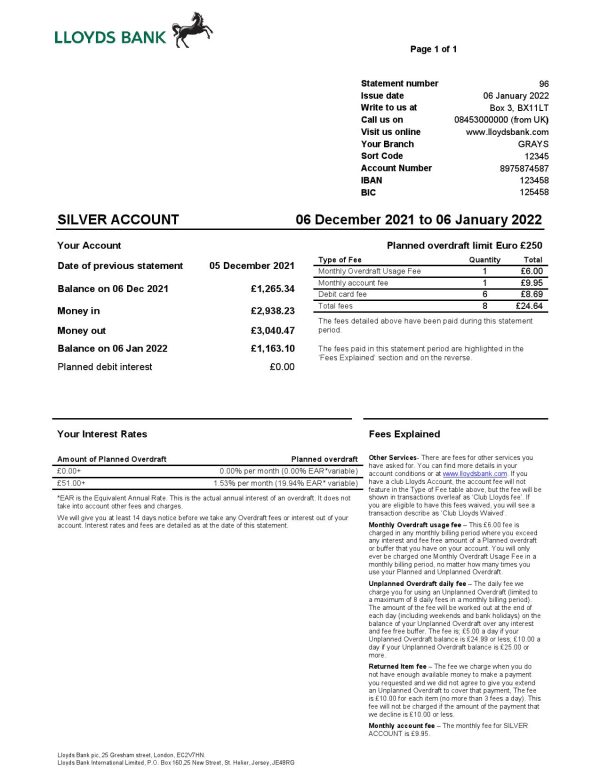 United Kingdom Lloyds bank statement Word and PDF template, version 2