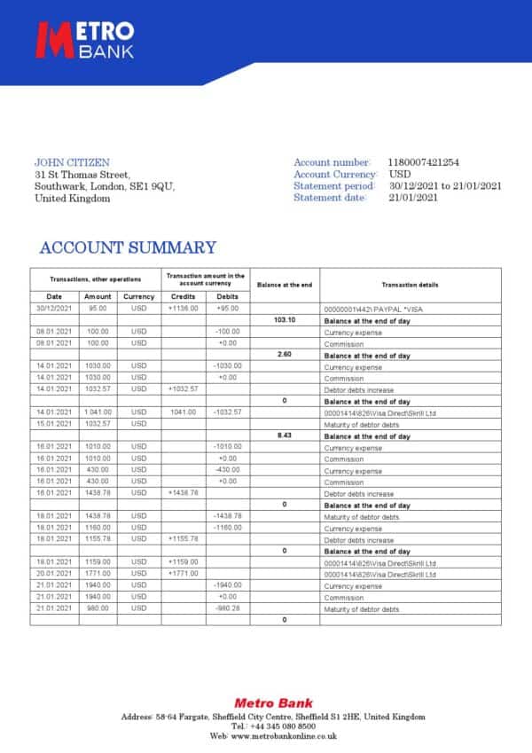 United Kingdom Metro Bank statement template in Word and PDF format