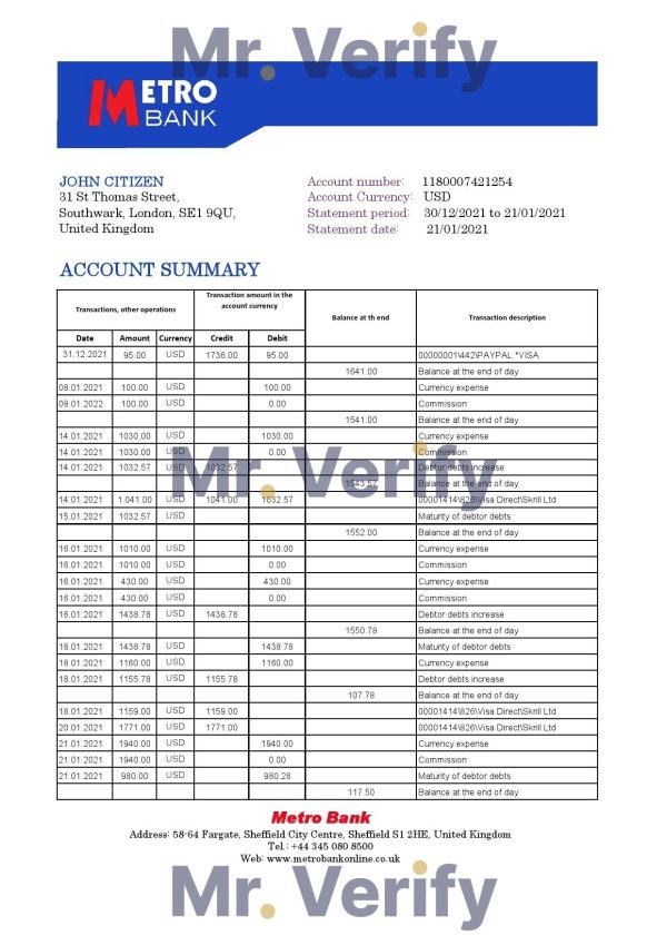 United Kingdom Metro bank statement template in Excel and PDF format