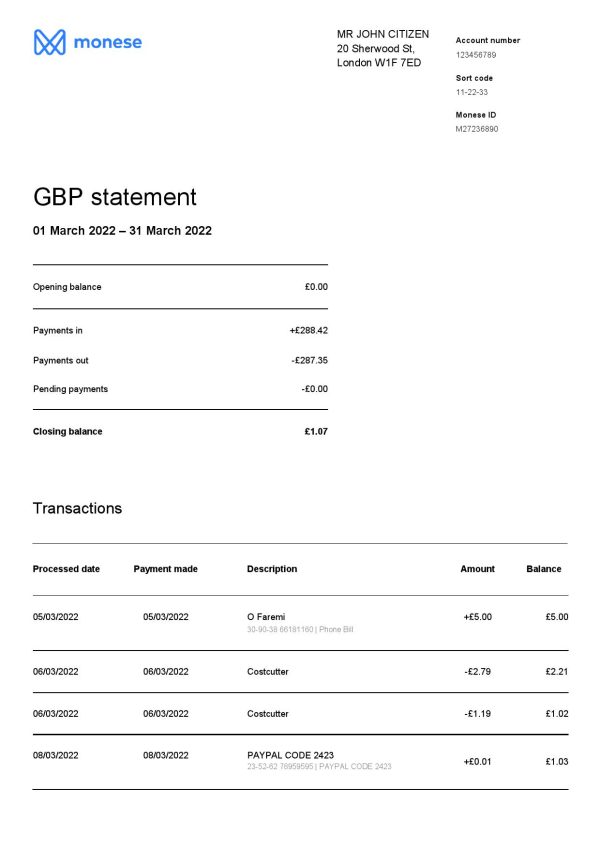 United Kingdom Monese bank statement Word and PDF template, 3 pages