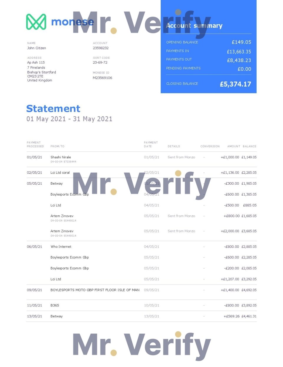 United Kingdom Monese bank statement template in Word and PDF format, 2 pages