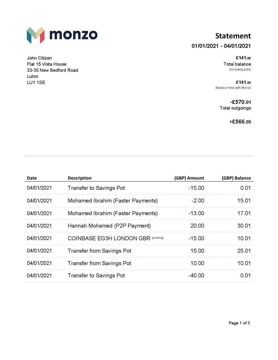 United Kingdom Monzo bank statement template in Word and PDF format (3 pages), good for address prove