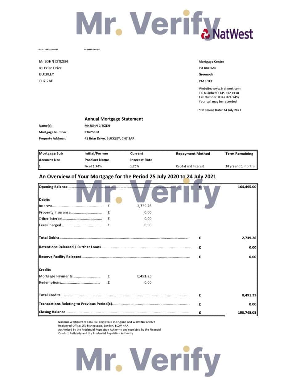 United Kingdom NatWest bank statement template in .xls and .pdf file format
