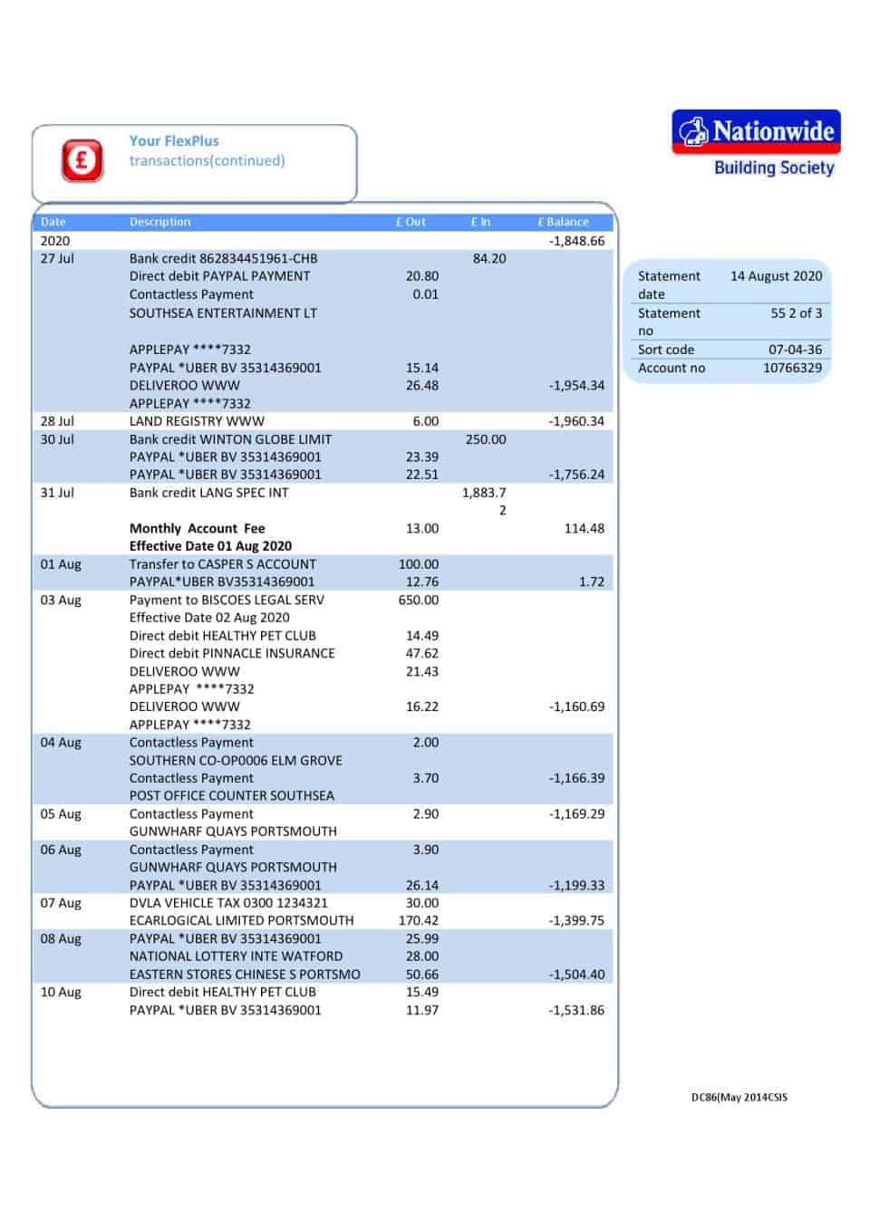 United Kingdom Nationwide bank statement template in .doc and .pdf format (5 pages)