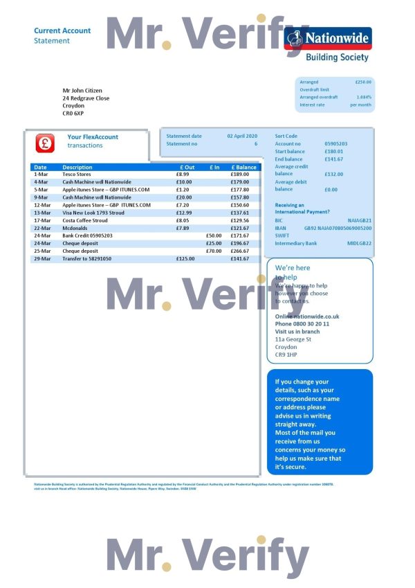 United Kingdom Nationwide bank statement template in Word and PDF file format