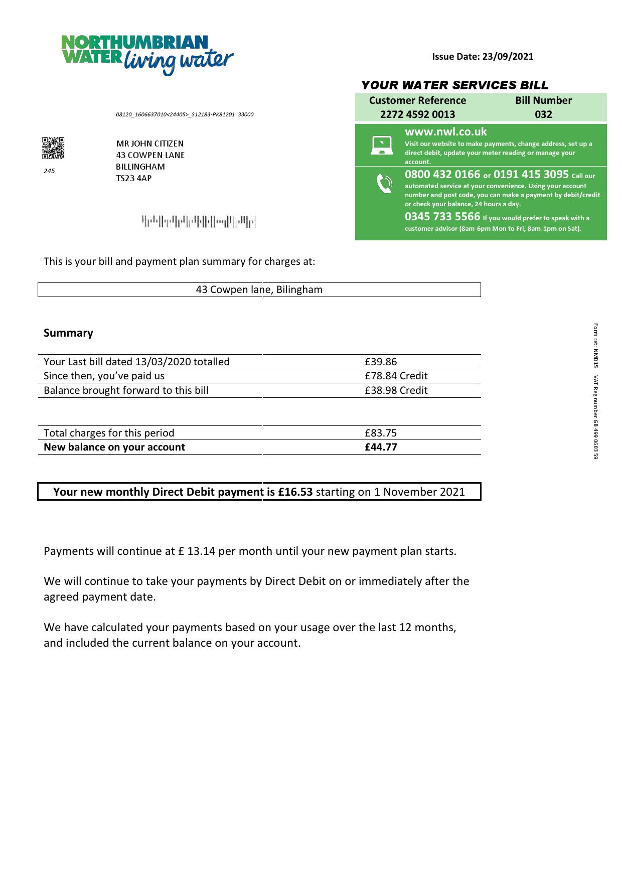 United Kingdom Northumbrian Water utility bill template in Word and PDF format, version 1