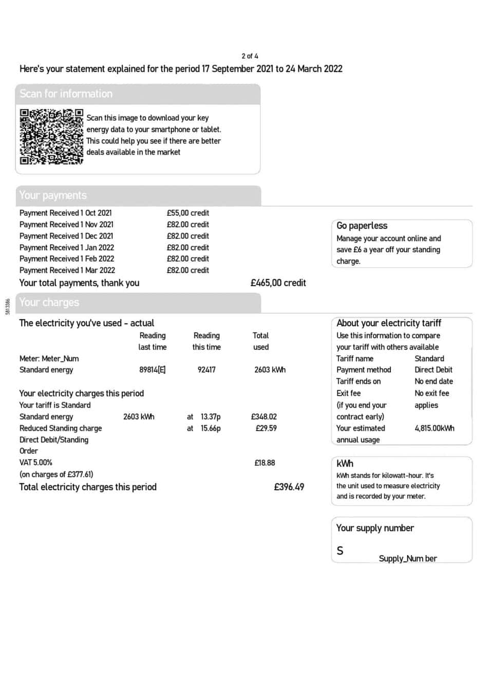 United Kingdom SSE Energy utility bill, Word and PDF template, 4 pages