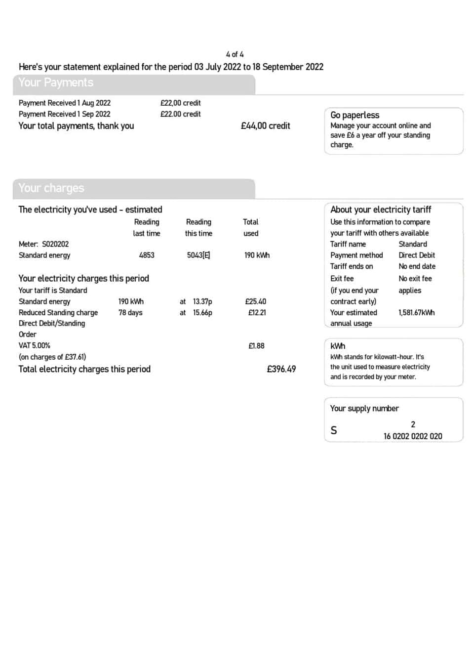 United Kingdom SSE Energy utility bill, Word and PDF template, 4 pages